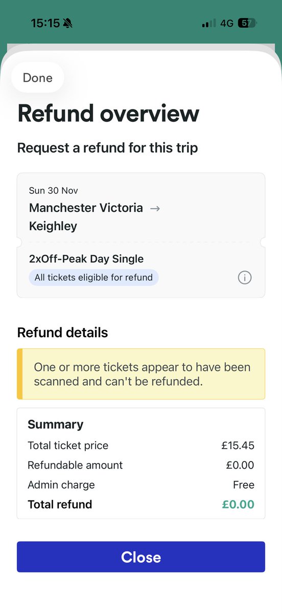 ChloeLansdall's tweet photo. @thetrainline my train has been cancelled but the app won’t let me get a refund for my ticket as it was scanned on the ticket barriers to get to the platform https://t.co/Da6Qig9euZ