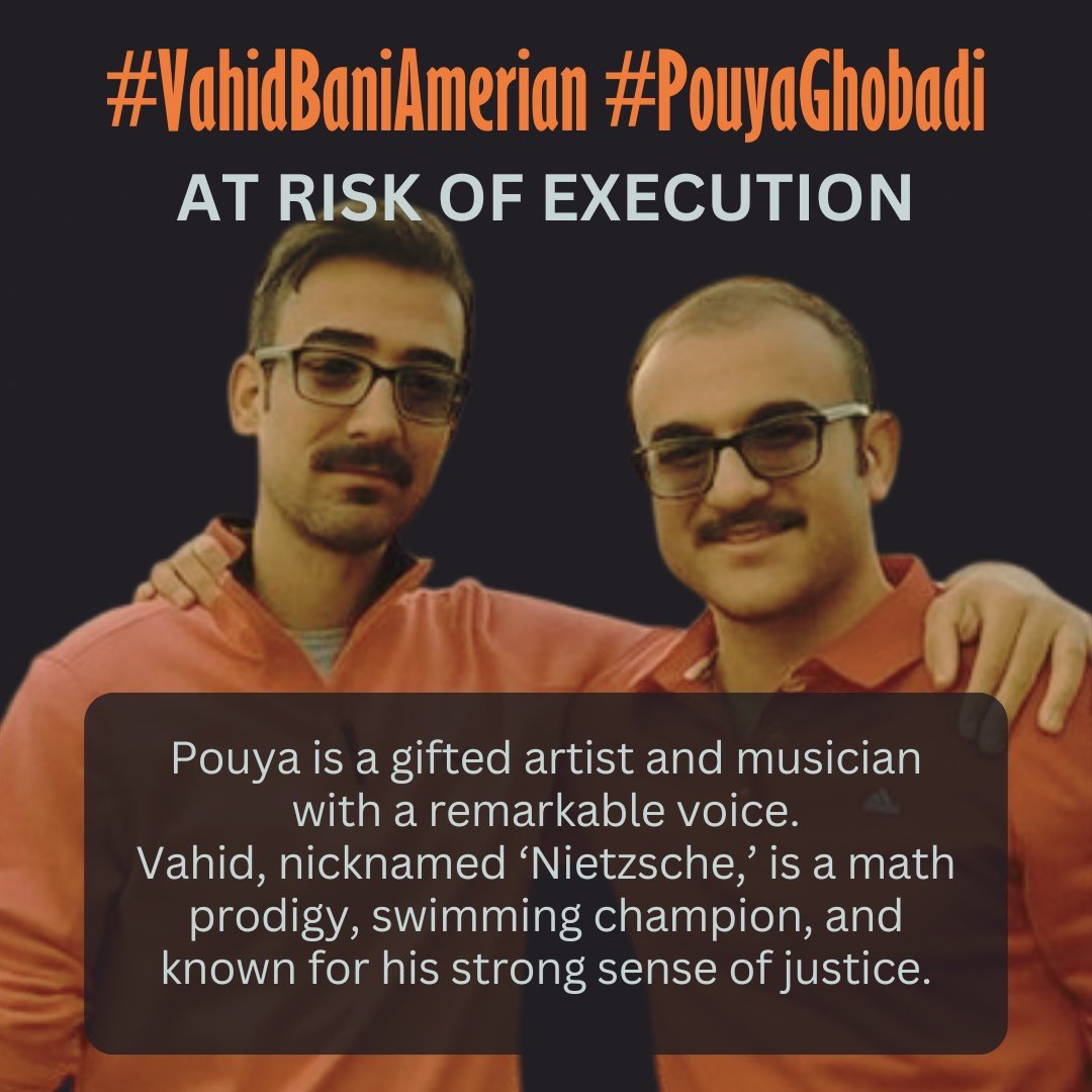 Tonight, let us raise our voice for two engineering students facing the death penalty: #PouyaGhobadi, a talented artist with a beautiful voice, and #VahidBaniAmerian, an elite and justice-seeking young man. Their lives are at risk.

@Amnesty <a href="/hrw_fa/">ديده بان حقوق بشر</a> <a href="/UNHumanRights/">UN Human Rights</a>