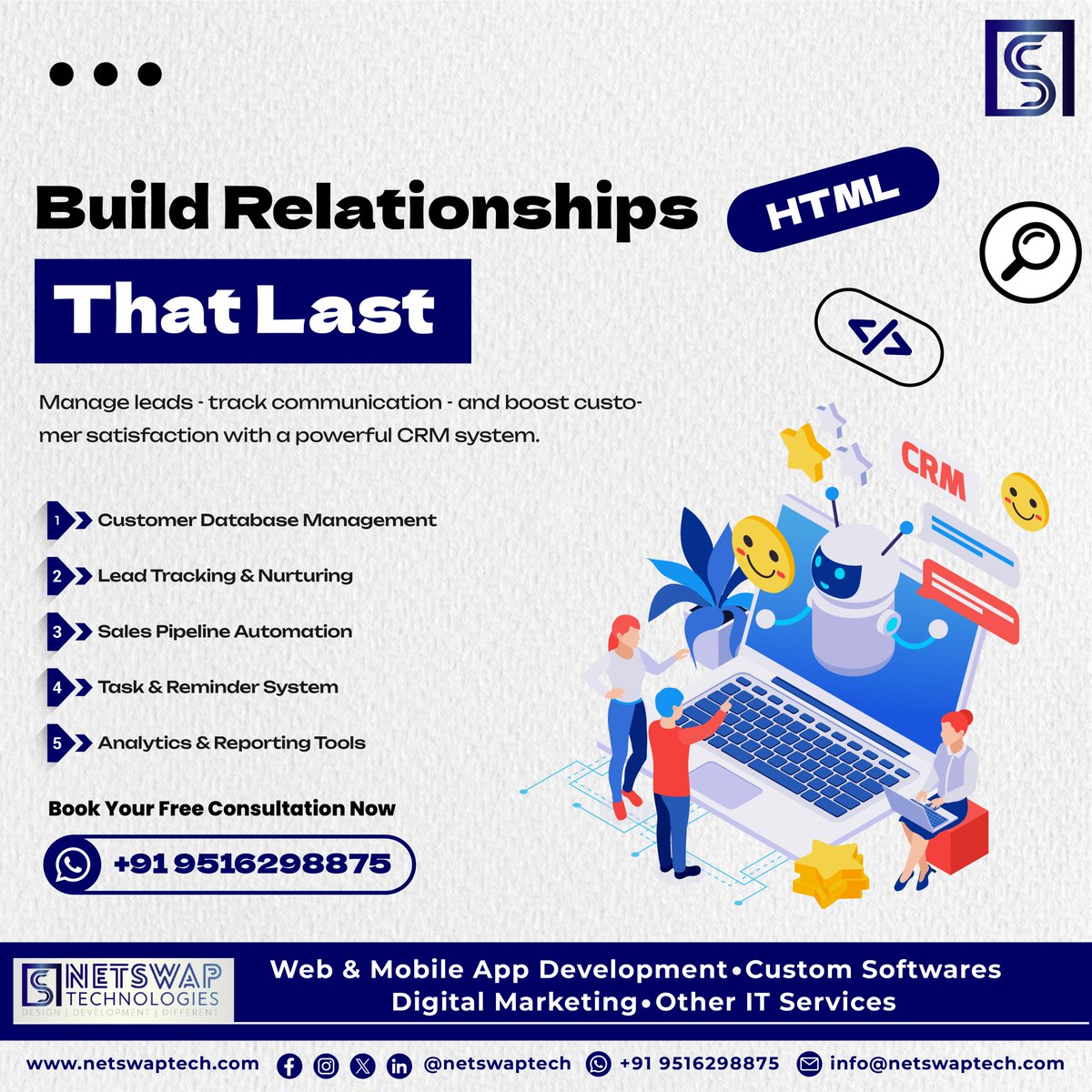 netswaptech's tweet image. Build lasting customer relationships with a custom CRM — track leads, automate sales &amp;amp; stay organized.  
DM to get started.  
#CRMDevelopment #SalesAutomation #LeadTracking #NetSwapTechnologies