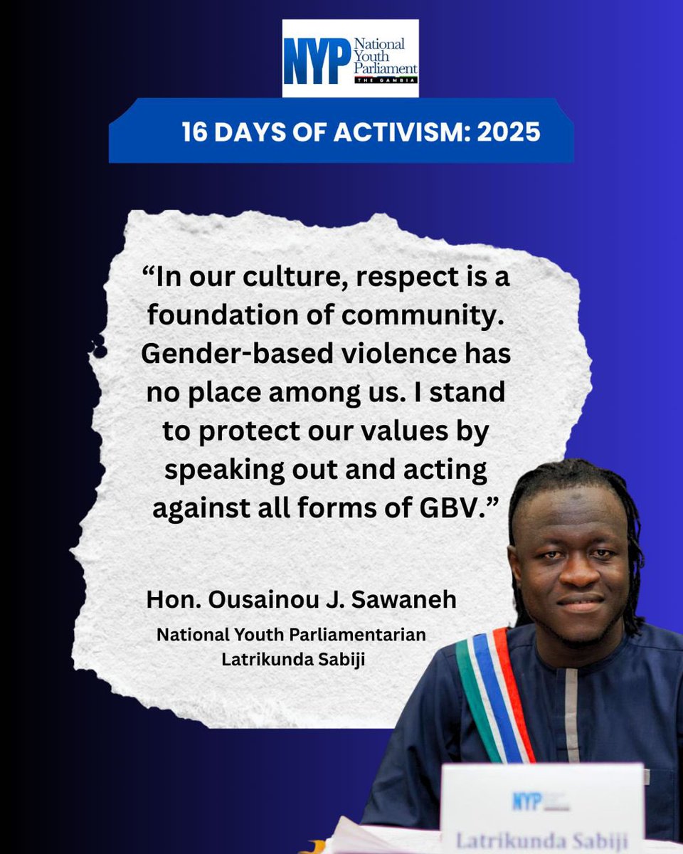 16 Days of Activism🧡💙

Hon. Ousainou J. Sawaneh reminds us that respect is at the heart of every community.
Standing against GBV preserves our values and protects everyone’s dignity.

#NYPAgainstGBV #OrangeTheWorld #EndGBV #16DaysOfActivism