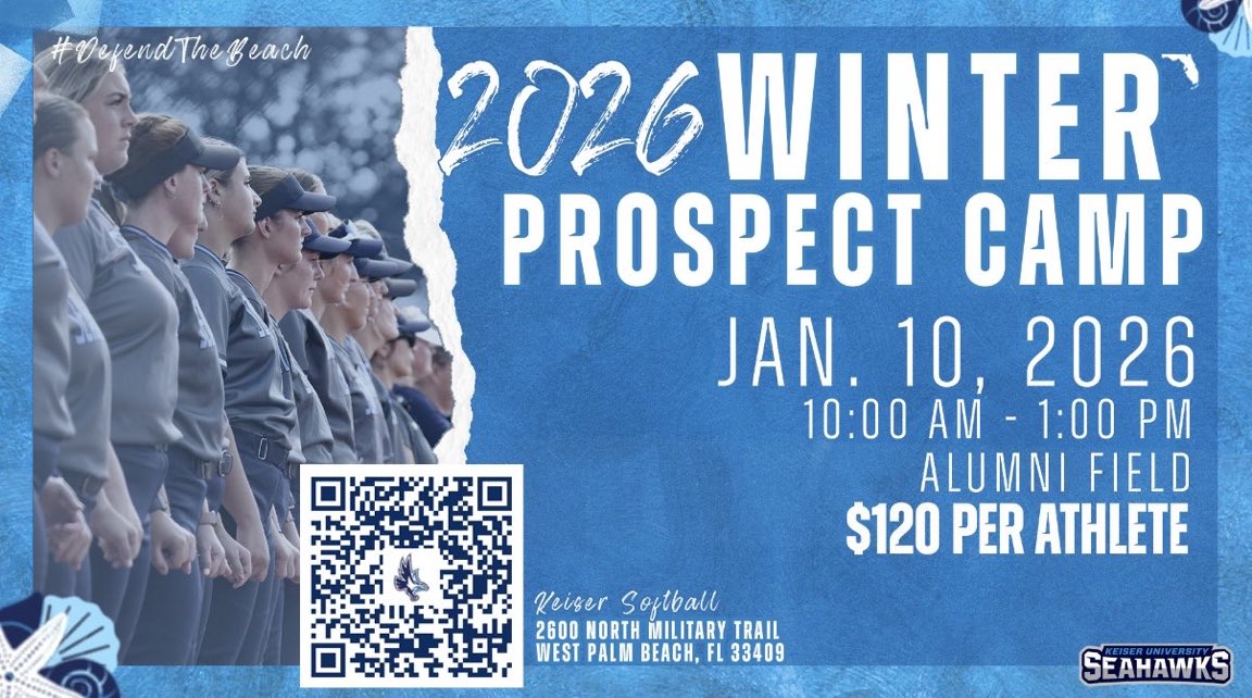 KaliKaestner's tweet photo. 2026 Winter Prospect Camp! Spots are filling up fast so secure yours today. 

Come spend the day at Keiser University and see what a day as a Seahawk athlete looks like! ☀️🏝️🌊 https://t.co/MU9vt2rVVO