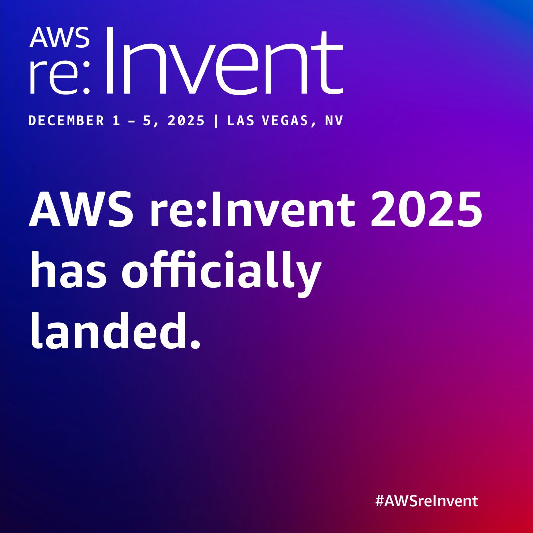 AWSEvents's tweet image. Welcome to #AWSreInvent 2025!

We’re kicking off a full week of learning &amp;amp; community. Pick up your badge, review transportation, &amp;amp; explore the mobile app.

Don’t forget to tune into the Road to re:Invent livestream &amp;amp; check out Midday Madness!

👉 go.aws/48pTwm6