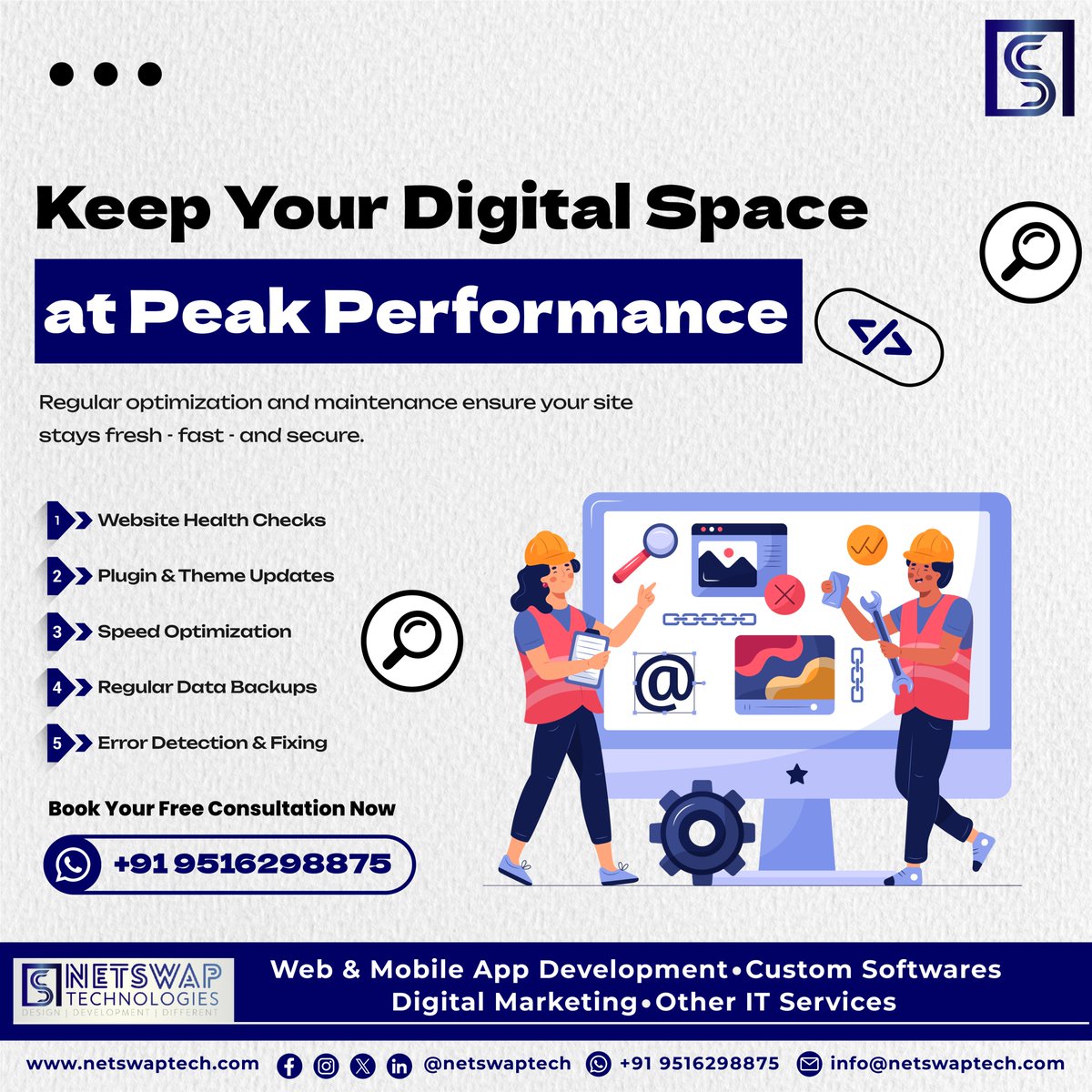 netswaptech's tweet image. Keep your website fast, secure &amp;amp; optimized with regular maintenance.  
DM to start your maintenance plan.  
#WebsiteOptimization #WebMaintenance #SiteSpeed #NetSwapTechnologies