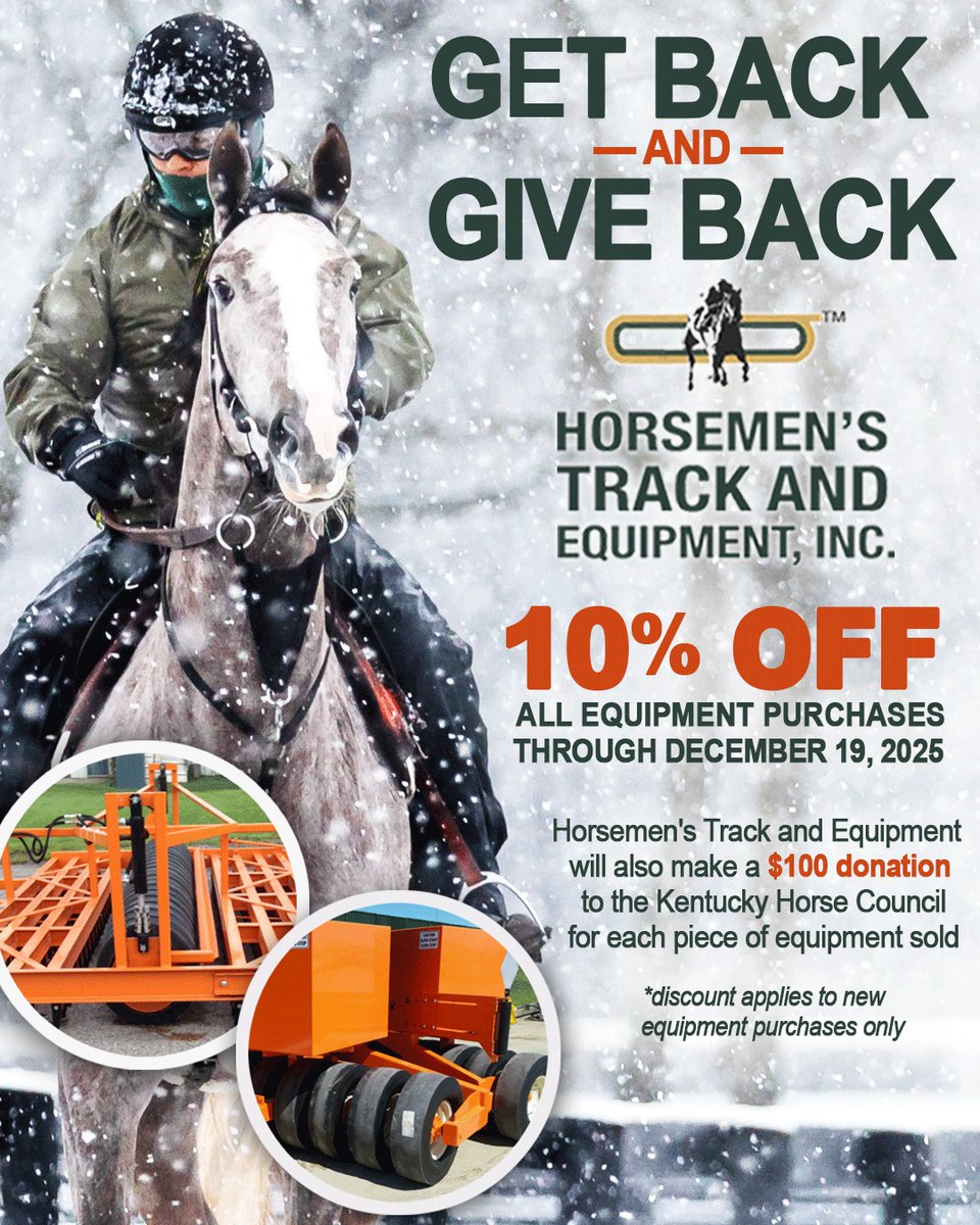 kentuckyhorse's tweet image. ❗️Supporter Spotlight! 
Learn more at horsemenstrack.com
Horsemen&apos;s Track and Equipment, Inc.  is offering 10% off all equipment purchases made through Dec. 19!
They will ALSO make a $100 donation to the #KHC for each piece sold.
Thank you, Horsemen&apos;s Track and Equipment!