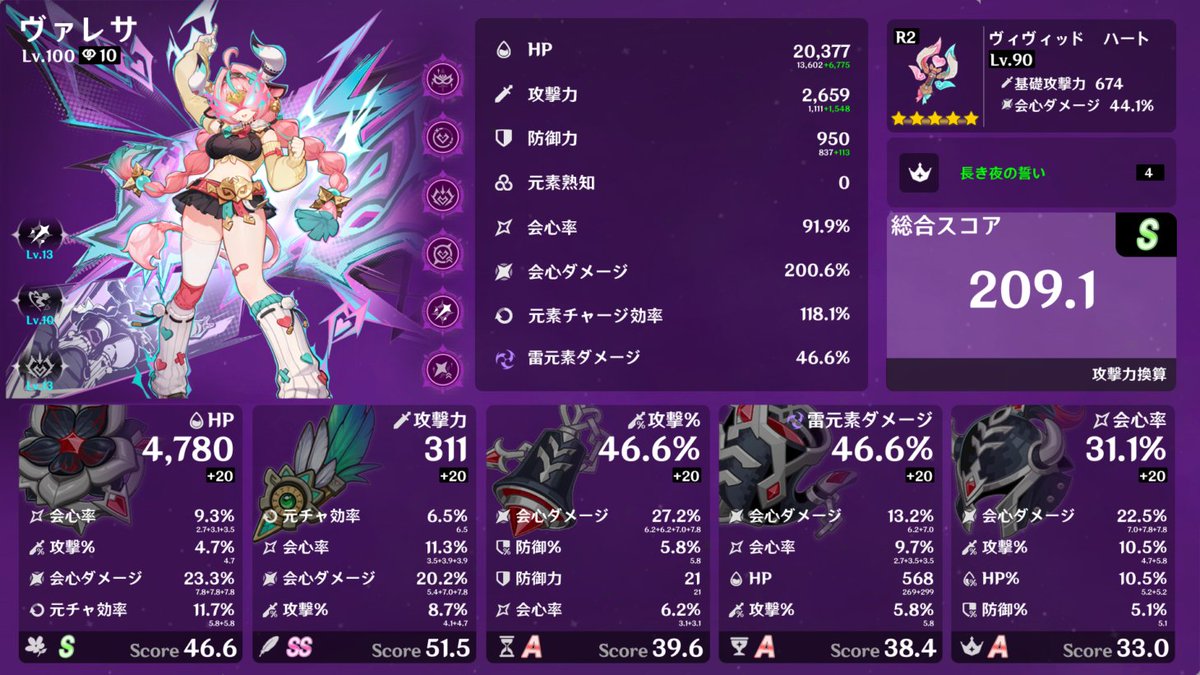 hyorohyoro1's tweet image. 色々弄った中、今のヴァレサのベストはこれっぽい。確定会心を落とさずに会心ダメと攻撃を盛れるかでスコア220超が目標。
