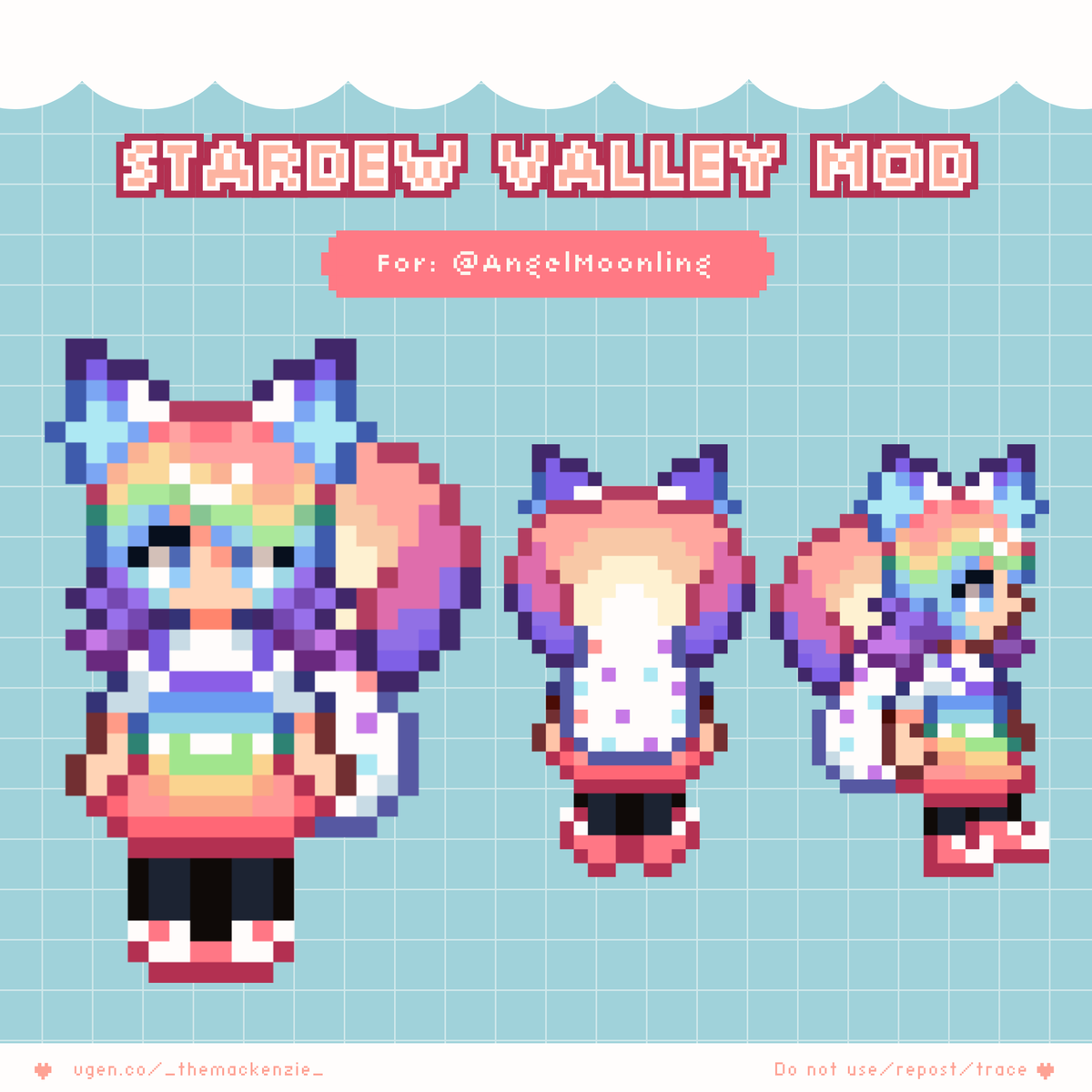 Stardew Valley Sprite Mod Commission for @/AngelMoonling ! 🌈🪽
Thank you so much for commissioning me! ♡

#VGenComm / #stardewvalleymods