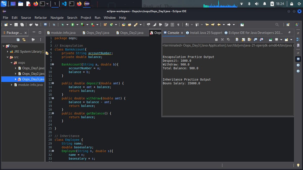 AakashModi1750_'s tweet image. Day 3 : Encapsulation + Inheritance 

BankAccount:
2000 + 500 → 2500.0
Manager salary:
30000 + 5000 → 35000

Great progress today! 🔥💻
#100DaysOfCode #Java #OOP #LearnInPublic #Founder #CEO #Startup #CTO