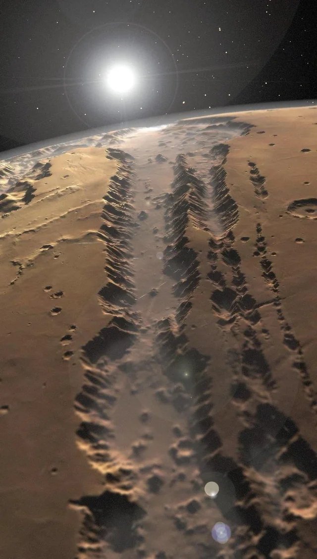 The Massive Scar on Mars 👀

‘Valles Marineris’ is by far the largest canyon in the Solar System

It measures:
• 2,500 miles Long
• 120 miles Wide
• 4.35 miles (23,000 ft) Deep

Compare to Grand Canyon:
• 277 miles Long
• 18 miles Wide
• 1.15 miles Deep