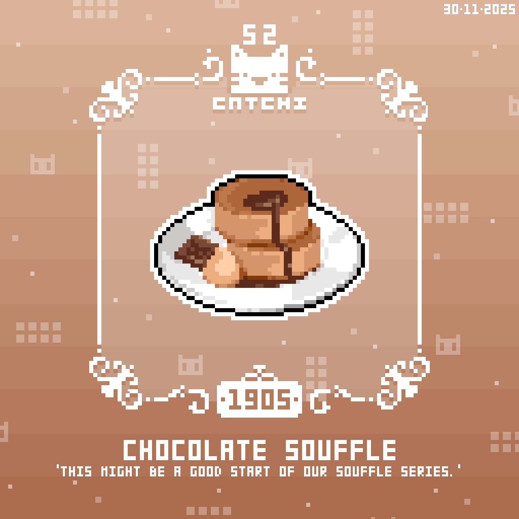 Catchi_52's tweet image. ＜巧克力舒芙蕾＞
「這或許是我們舒芙蕾系列的好開始」

-30/11/2025 [像素日更 Daily pixel 1905] #像素 #美食 #pixels #pixelart #food #drawing #tasty #illustration #art