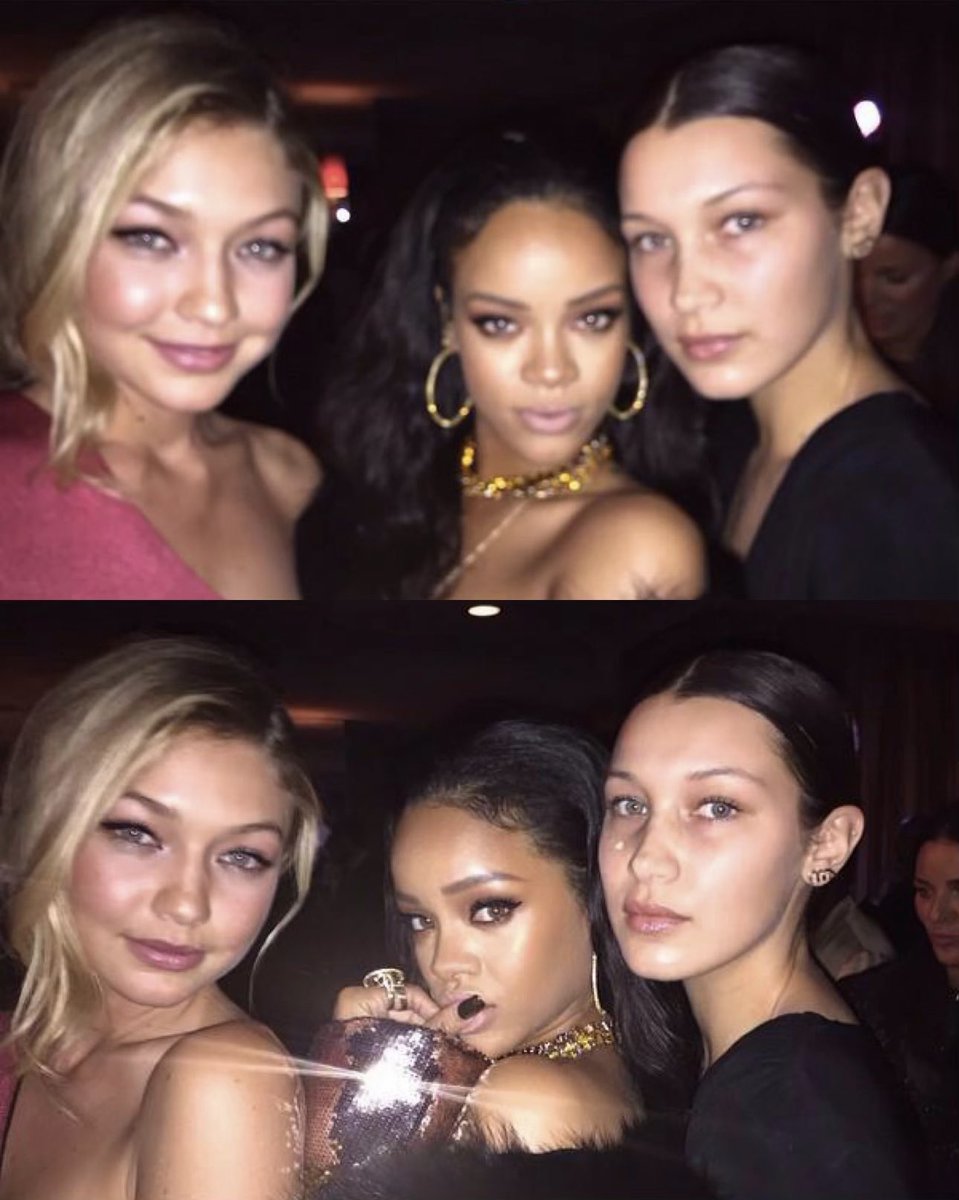 gabgonebad's tweet image. Rihanna with Gigi and Bella Hadid, 2015