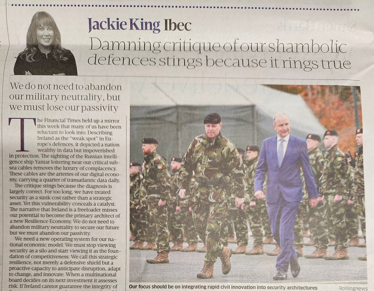 Damming critique of our shambolic defences stings because it rings true. 
Interesting piece by Jackie King of <a href="/ibec_irl/">Ibec</a> in todays Business Post. 
Security and defence are key requirements for our future economic prosperity. 
<a href="/MichealMartinTD/">Micheál Martin</a> 
<a href="/SimonHarrisTD/">Simon Harris TD</a> 
<a href="/HMcEntee/">Helen McEntee TD</a>
