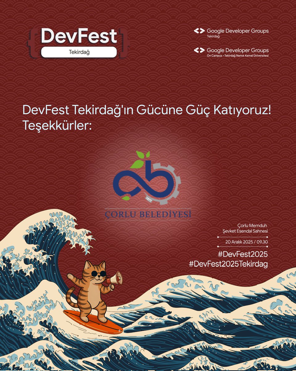 DevFest Tekirdağ 2025’e bir güç daha! 💫
Bu yıl da etkinliğimizi destekleyen Çorlu Belediyesi’ne teşekkürler. 🙌
Teknolojiye, yeniliğe ve gençlerin üretme enerjisine birlikte güç katıyoruz!
📍 Çorlu Memduh Şevket Esendal Sahnesi
🕘 20 Aralık 2025
Kayıt: bit.ly/devfest2025tek…