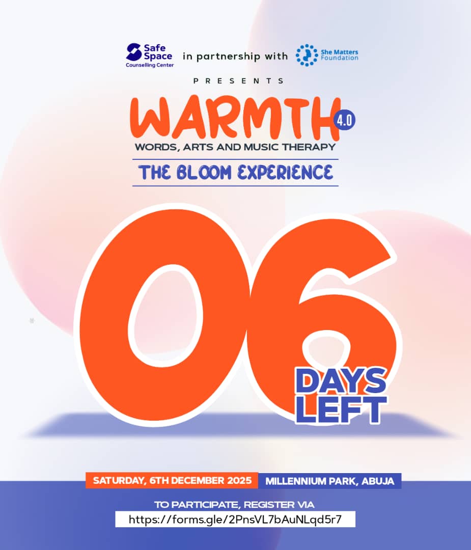 Only 6 days left!!!

We are closer to the Bloom Experience 
Have you registered? 
Are you planning to be there? 

It's the Words, Arts And Music Therapy 4.0 
Don't miss it! 
#warmth4.0
#words #artworld #musictherapy #abuja