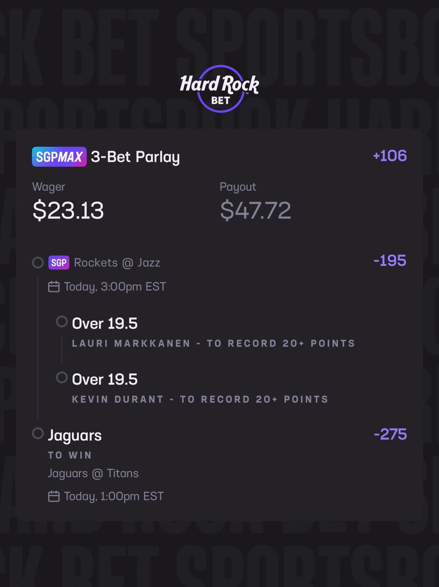 💛 10K Challenge – Day 2 Play 💛
$23.13 ➡️ $47.72 (+106)

Lauri Markkanen 20+ pts – Over 🔒
Kevin Durant 20+ pts – Over 🔒
Jaguars ML 🔒

Locked in a clean 3-leg for Day 2 — staying steady and disciplined.
Let’s cash and keep building 🤑🚀