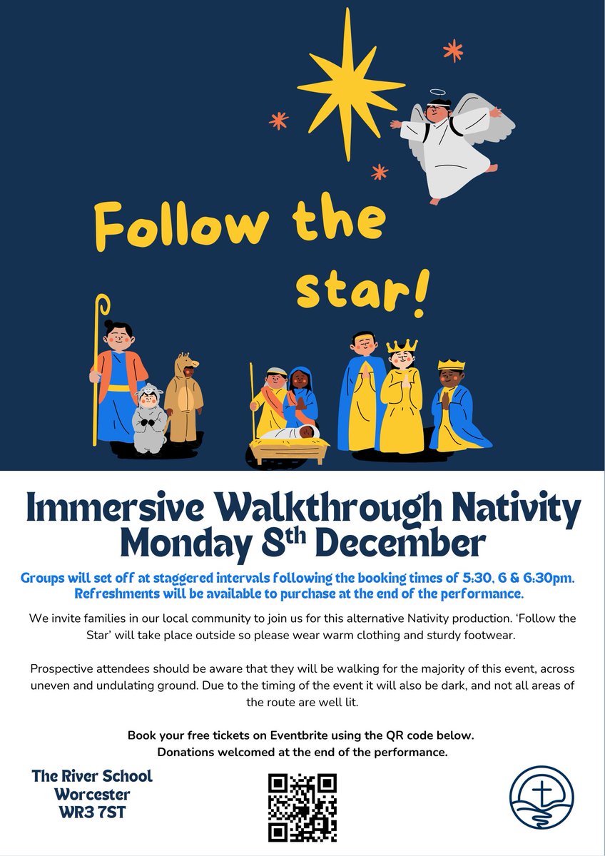 Friends of The River School are invited to join us for our immersive walkthrough nativity - Follow the Star. 

Monday 8th December, performances start at 5:30pm, 6pm and 6:30pm.

Book your free tickets here!
ow.ly/1qau50XyY5l