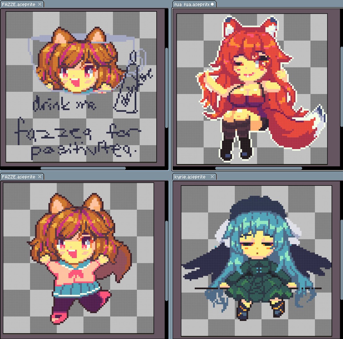 Pixel chibis of my OCs  :) Thanks so much <a href="/JustMomochi/">Momo🐏🌌/ထ🎩VGEN OPEN</a> and <a href="/funa_vt/">Funa Ch. | 🦋🐧| Streaming again! yaaay</a> for the raids on yesterday's stream 🥰🙏
#pixelart #ドット絵