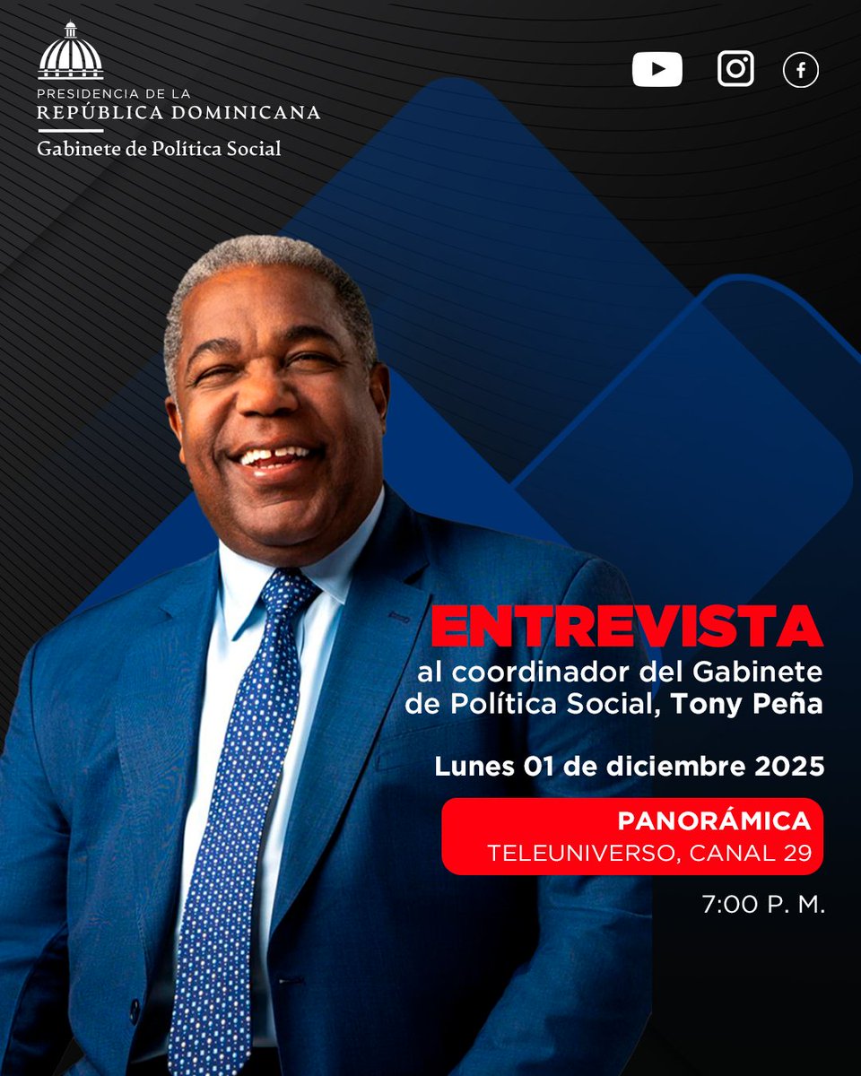 Este lunes 1 de diciembre a las 7:00 P.M. te espero en PANORÁMICA, Teleuniverso Canal 29.

Conversaremos sobre nuestro esfuerzo diario para llevar bienestar y apoyo a las familias dominicanas.

¡Sintoniza y comparte tu opinión!

#TonyPeña #GabineteDePolíticaSocial