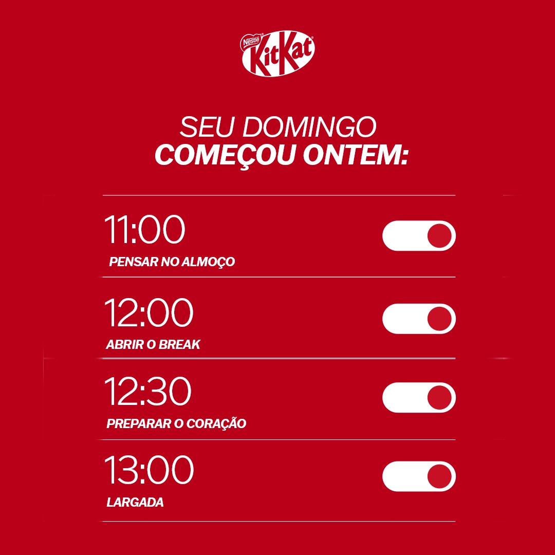 Se ontem já parecia domingo, hoje é oficial: coração acelerado para 13h e break na mão. 🍫🏎️

#KitKatF1 #KitKatcomBortoleto