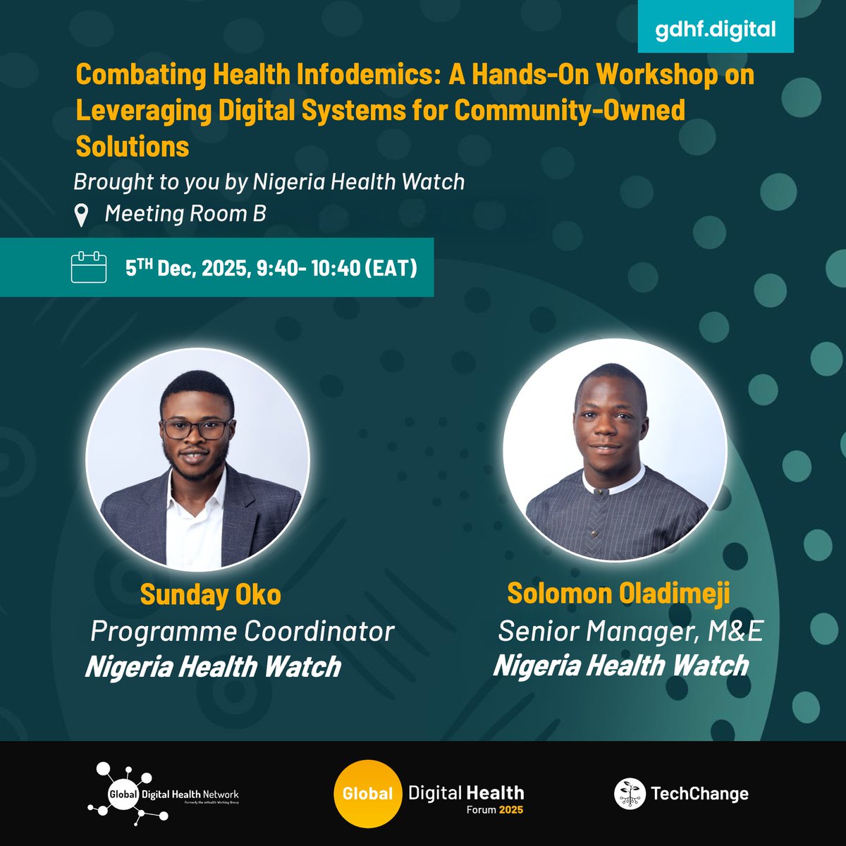Communities are stronger when they can spot, verify, and act on accurate health information.

How can digital systems help communities tackle misinformation? Join our Senior M&amp;E Manager, <a href="/solomonyemi/">SolomonYemi</a>, and Programme Coordinator <a href="/S_0ko02/">Sunday Oko</a>, at #GDHF2025 for a hands-on session on