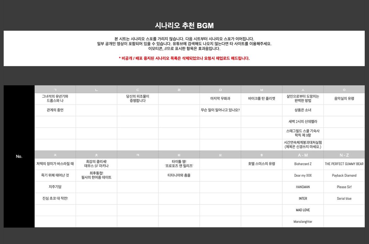 시나리오 추천 BGM 리스트를 1차지인 한정으로 공개합니다. 시나리오 리스트는 이미지를 참고해 주세요.

🔗 LINK : 3412.tistory.com/89