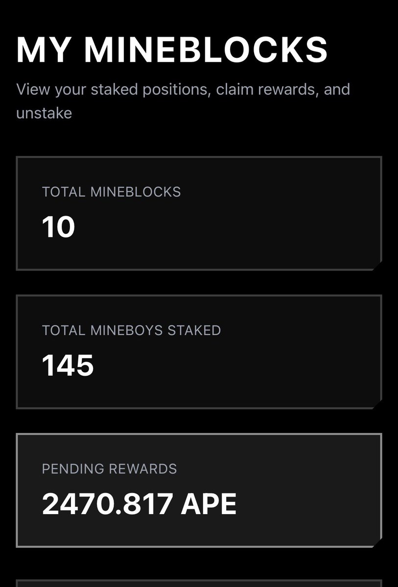 B_T_Furfoot's tweet photo. Thank you @notapunkscult for being so awesome! 

I made over 2900 $APE staking #Mineboys #NFTs as #MineBlocks this staking season. I had 145 staked. 👀

I still have 2 Mineblocks unclaimed. And have over 300 MineBoys now. MineBoys are the alpha! 🔥
@ApeChainHUB @apecoin https://t.co/J3xXuuxxC0