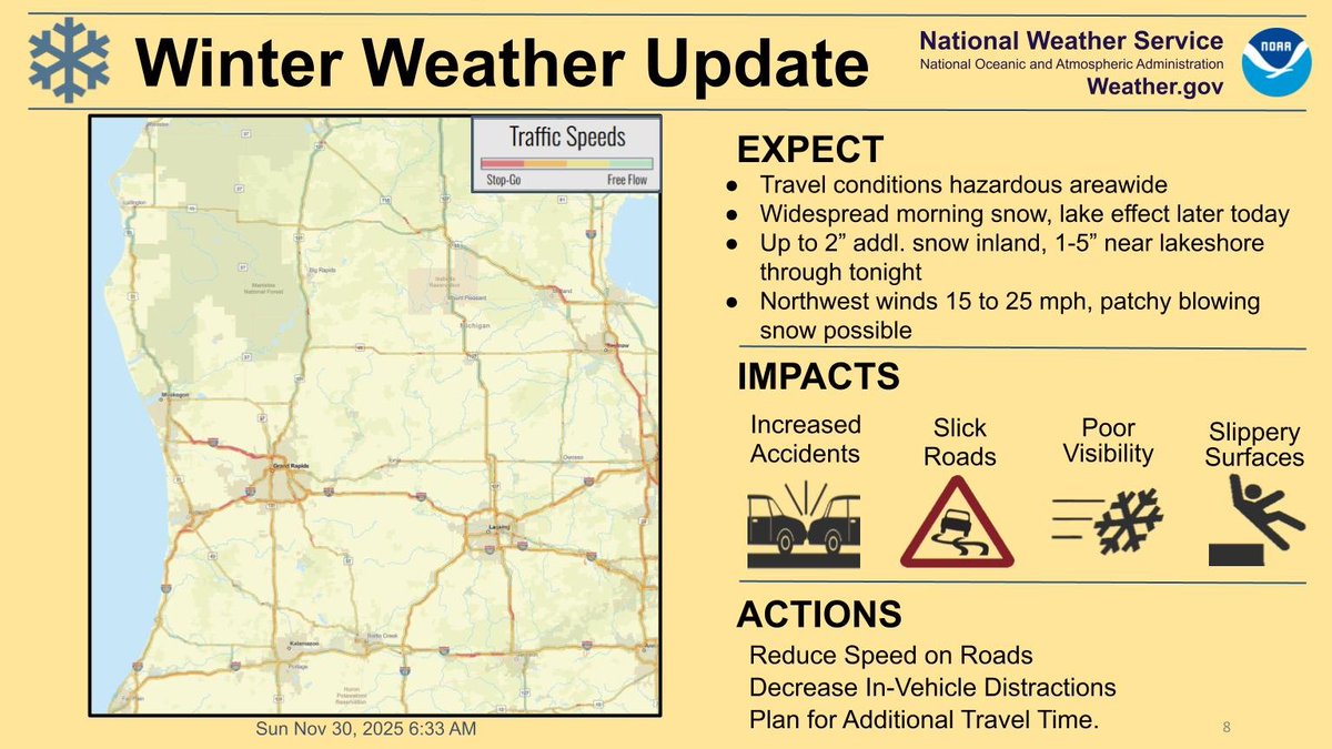 Hazardous road conditions this morning with slick roads and poor visibility. Additional inch or two of snow for most with conditions improving this AM. Lake effect will keep snow ongoing at the lakeshore all day with several more inches likely. Take it slow if you must be out.