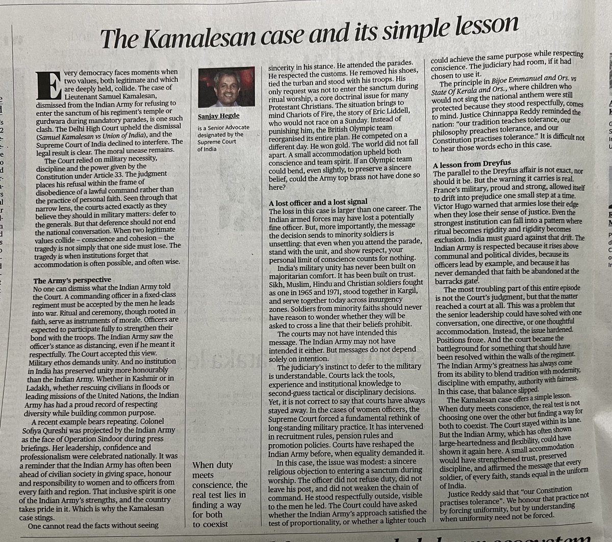 fabwrite's tweet image. A must-read from @the_hindu - the sanest take on the Samuel Kamalesan vs Union of India case, by @sanjayuvacha #IndianArmy