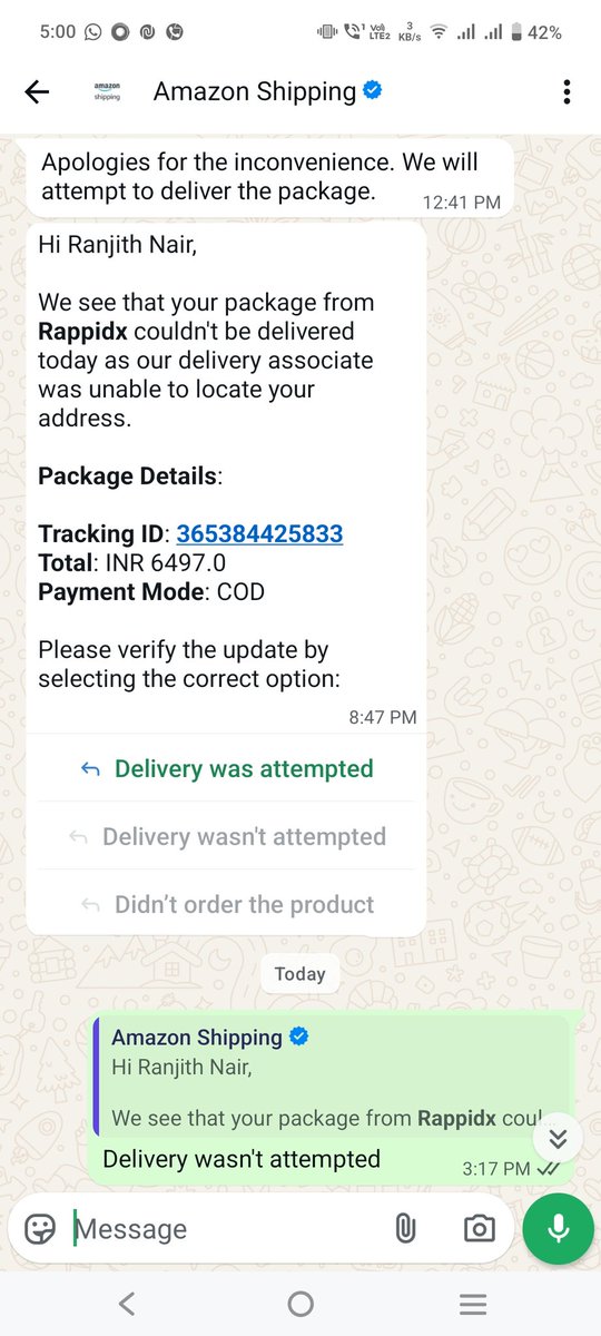 RCN80IN's tweet photo. @amazonIN @amazon 
@jagograhakjago 

If your can't deliver, why take shipping orders?

Tracking id: 365384425833
Fake updates by delivery guy. Wasted entire weekend waiting for delivery.
Please don't take up such simple delivery tasks that you cannot handle. https://t.co/0yDWyL91Qu