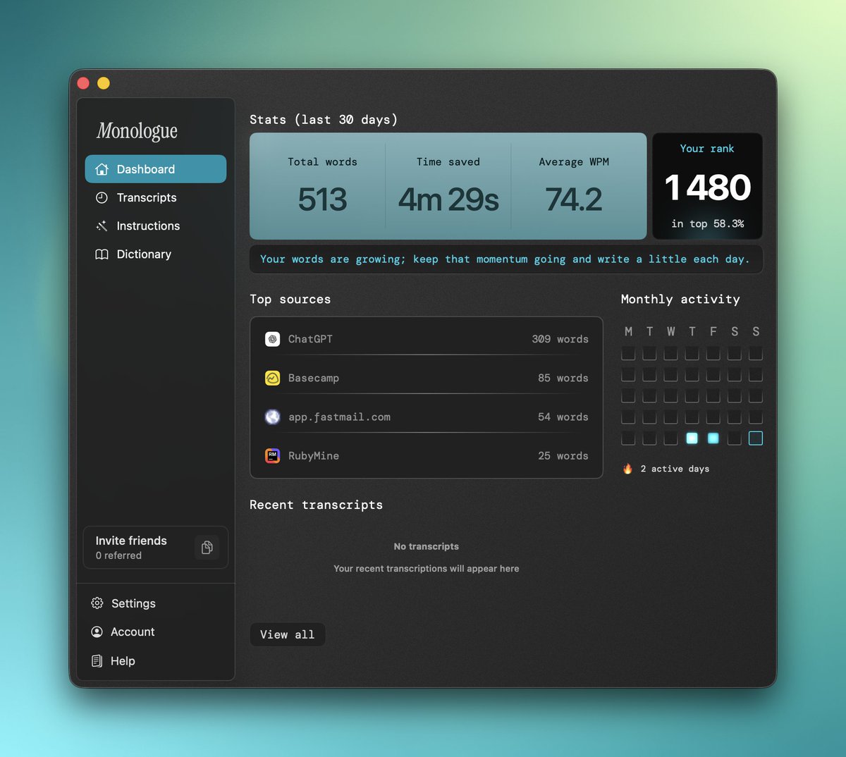 Let's see how voice dictation (<a href="/usemonologue/">Monologue</a>) transforms my productivity and workflow over the next year.