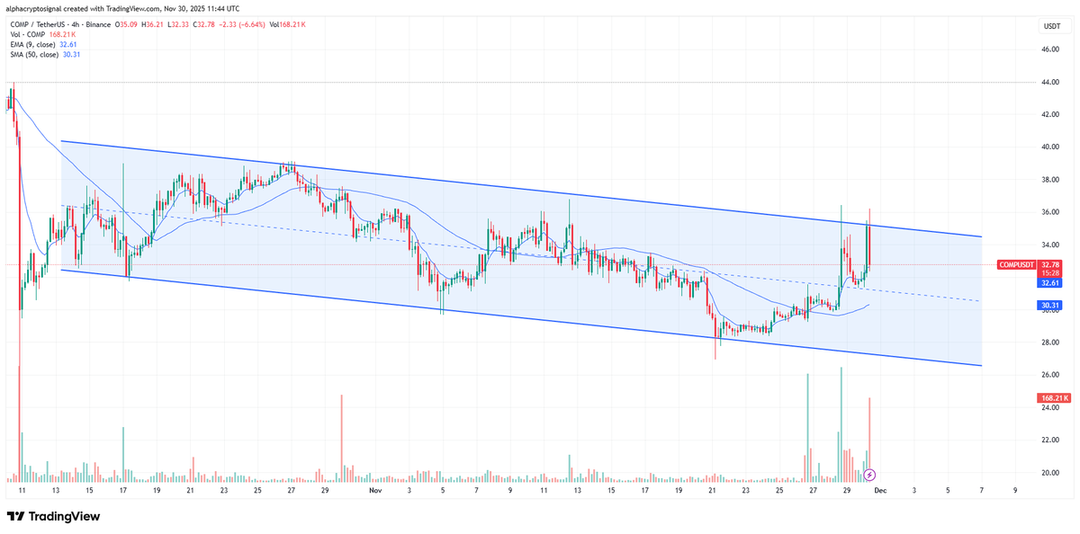alphacryptosign's tweet image. Thoughts on #COMP:

$COMP has reclaimed the mid-level of its descending channel on the 4H timeframe, showing renewed buyer strength after a long period of consolidation. The recent surge in volume confirms strong interest as price pushes back toward the channel’s upper boundary,