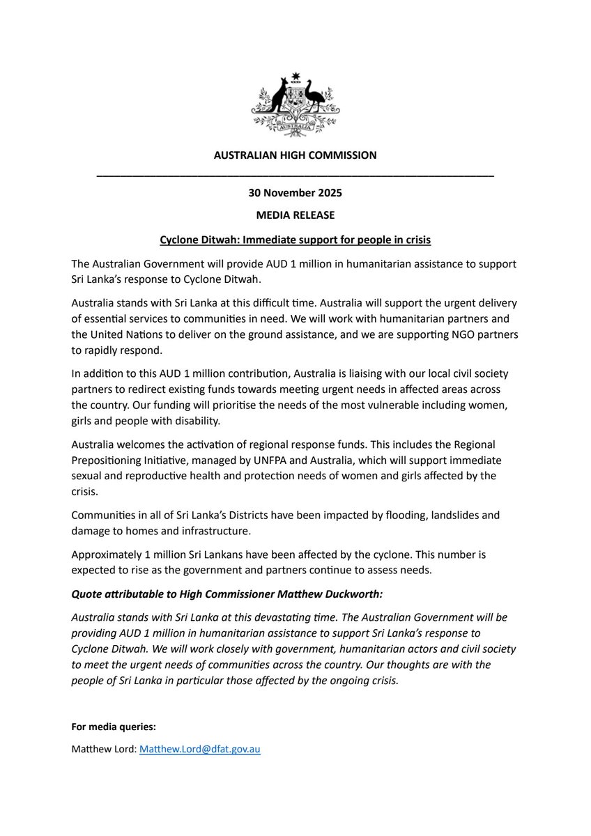 AusHCSriLanka's tweet image. As the impacts of Cyclone Ditwah continue to affect communities across Sri Lanka, I am pleased to announce Australia is committing AUD 1 million towards immediate response and recovery efforts. This funding will provide urgent relief for affected communities.

Australian remains