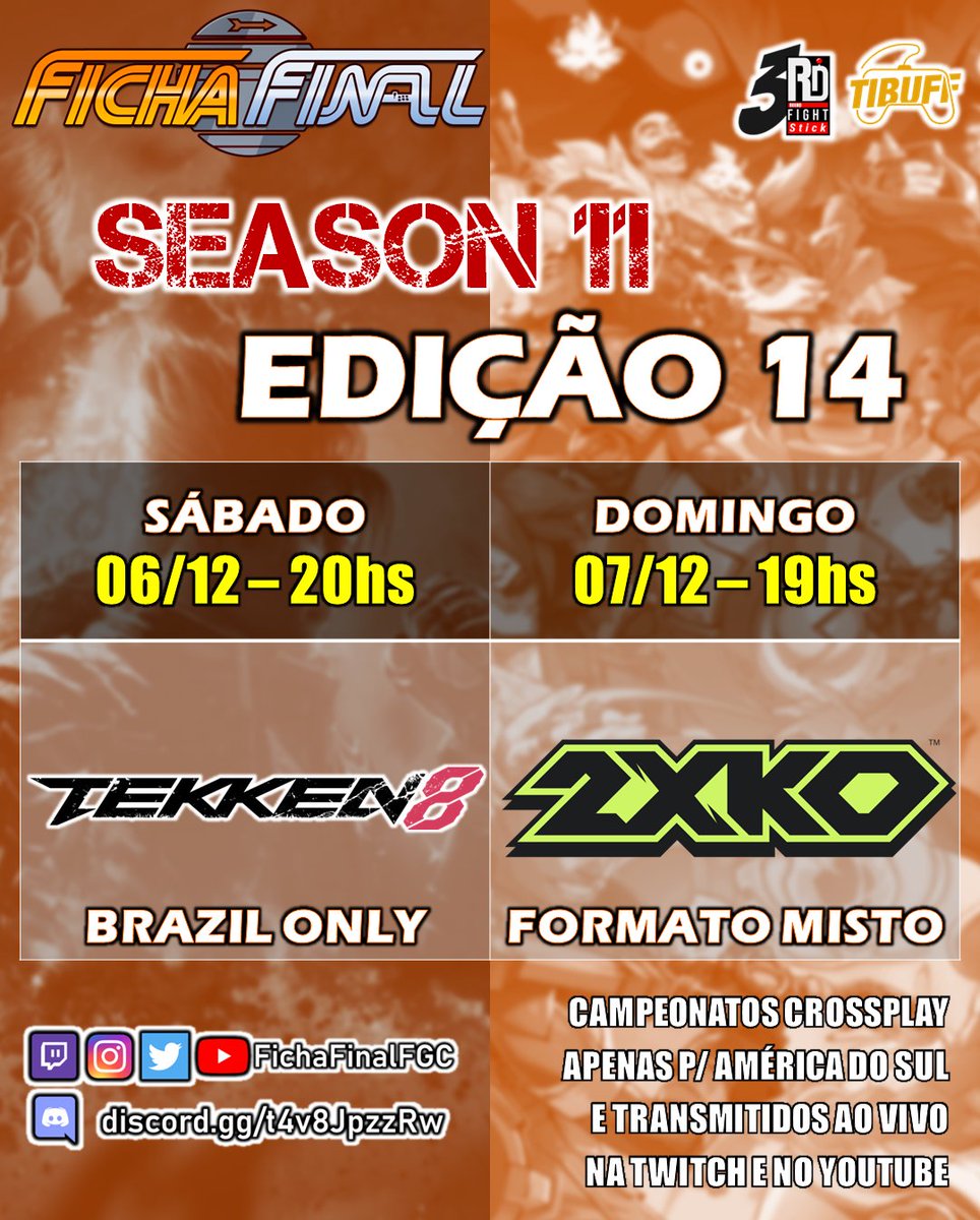 Vocês leram certo, pessoal. Teremos a dobradinha de Tekken e 2XKO novamente esse fim de semana!

Sáb (06/12 - 20hs) | Tekken 8: start.gg/tournament/fic…

Dom (07/12 - 19hs) | 2XKO: start.gg/tournament/fic…

Discord (OBRIGATÓRIO): discord.gg/t4v8JpzzRw
