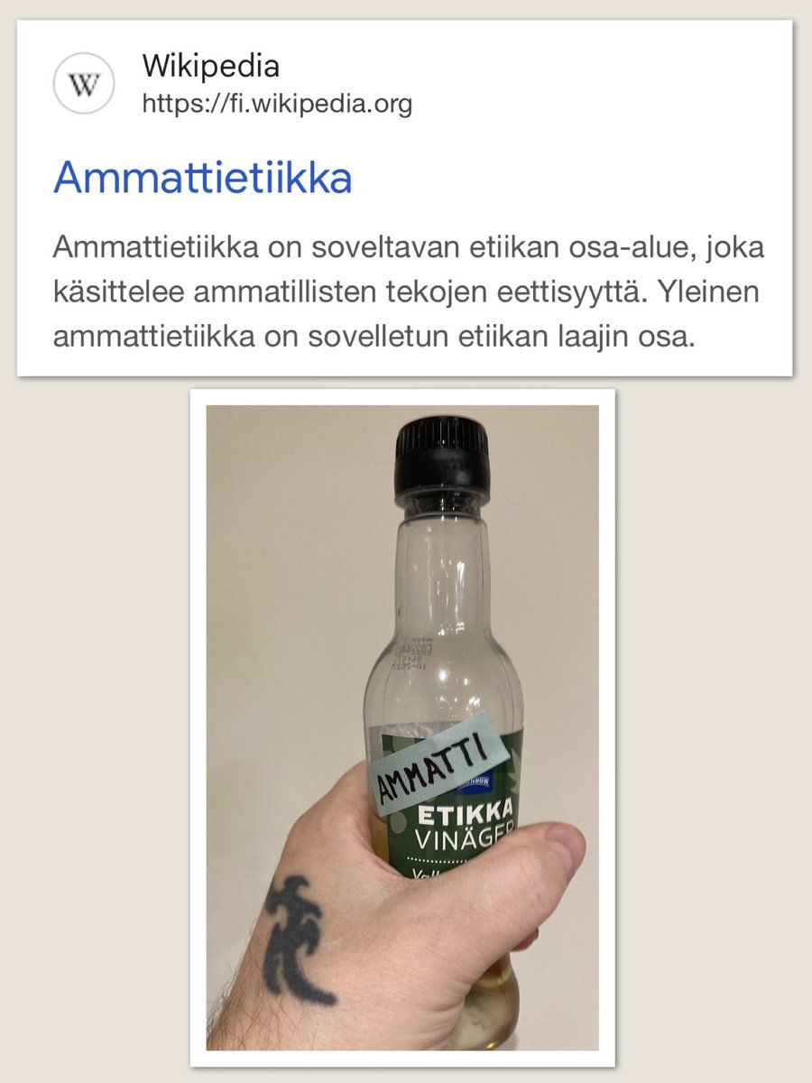 Olen valitettavasti nykyään työkyvytön, mutta onneksi minulla on yhä puolisen pulloa ammattietiikkaa tallella 👍🏻

<a href="/TereSammallahti/">Tere Sammallahti 🇫🇮💙🇺🇦</a> <a href="/mattimolari/">Matti Molari</a>