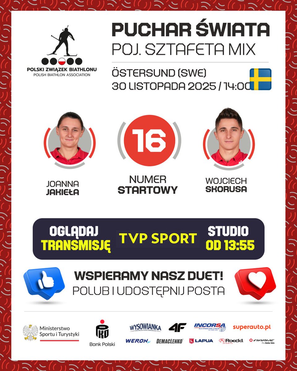 pzbiath's tweet photo. 🔥 Dziś dwa starty Polaków w Östersund! 🇸🇪
14:00 — poj. mix: Jakieła / Skorusa
16:40 — miks: Guńka, Badacz, Nędza-Kubiniec, Żuk 🇵🇱
Pełna mobilizacja! 🎯⛷️
#Biathlon #TeamPOL #Oestersund2025 https://t.co/tZljH1qVki