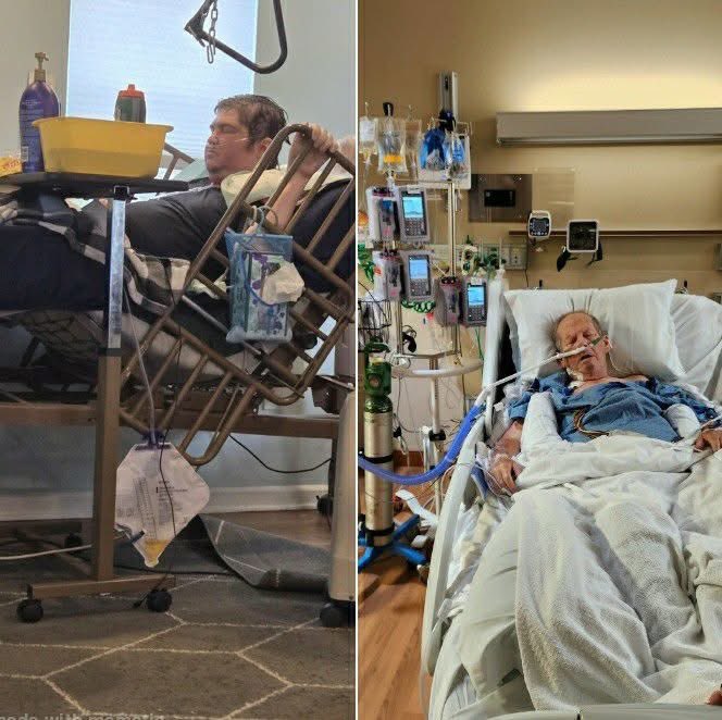 toobaffled's tweet photo. “I've posted this before and I feel it necessary to do again.
On the left my cousin Scott (34) in his last days. On the right, my grandfather Gerald (74) in his last days.
Both took the first 2 PFZR.
My grandfather got his before a vacation to his brother's in Arizona. 2nd day there, he had gained 30 pounds of water and was in active heart failure.
Came home, died of a stroke a little over a year or so later.
My mother had to get him off the toilet, because he couldn't and also couldn't get to his phone.
He pulled the oxygen out of his nose and said "I'm good to go" and an hour or so later, he was gone.
My cousin Scott was adamant about getting the "juice" he wouldn't come around family and when he did, it was briefly, it was outside and he was masked.
He developed a rare and aggressive spinal cancer shortly after the first 2. The last 4 years of his life were miserable. He passed in late December 2024. Leaving behind a wife and an adopted daughter (his sister's daughter) age 13. He refused visitors the last few months, he refused a funeral, he died painfully all while still defending the "juice".
I warned them both, I was laughed at. So anytime those pro vaccine people show up and deny what's happening. Send them my way.”
- Jesse James Dillinger -
