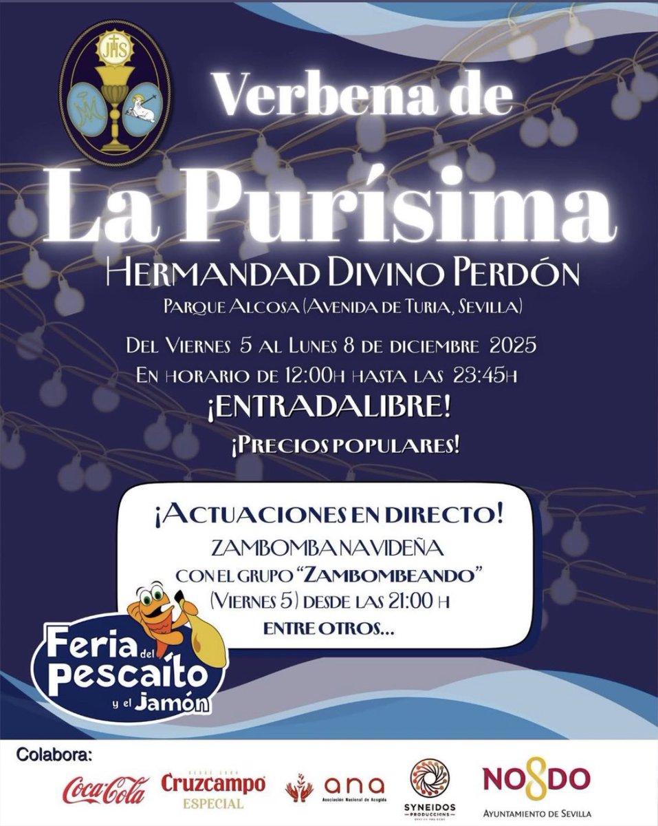 HdaDivinoPerdon's tweet photo. 🟣⚫ #Caridad | Verbena de la Purísima

La Hermandad del Divino Perdón celebra la Inmaculada con una verbena solidaria en apoyo a la Asoc. Nacional de Acogida (ANA).

💃🏼 Música en directo
🎄 Zambomba navideña
💶 Precios populares
👨‍👩‍👧‍👦 Plan familiar y entrada libre. https://t.co/YKnrUnJCAF