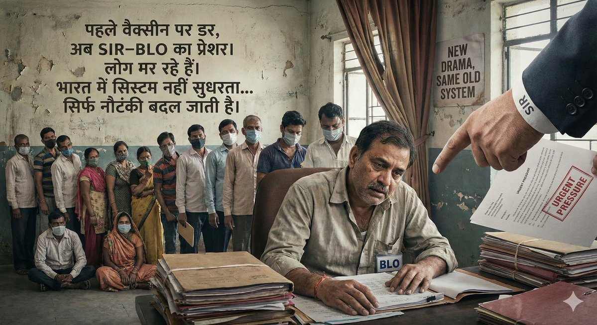 MukundRajp41100's tweet image. पहले वैक्सीन पर डर फैलाया,
अब SIR–BLO के प्रेशर में लोग मर रहे हैं।

भारत में सिस्टम नहीं सुधरता…
सिर्फ नौटंकी बदल जाती है।

#TezTeekha #SystemFailure