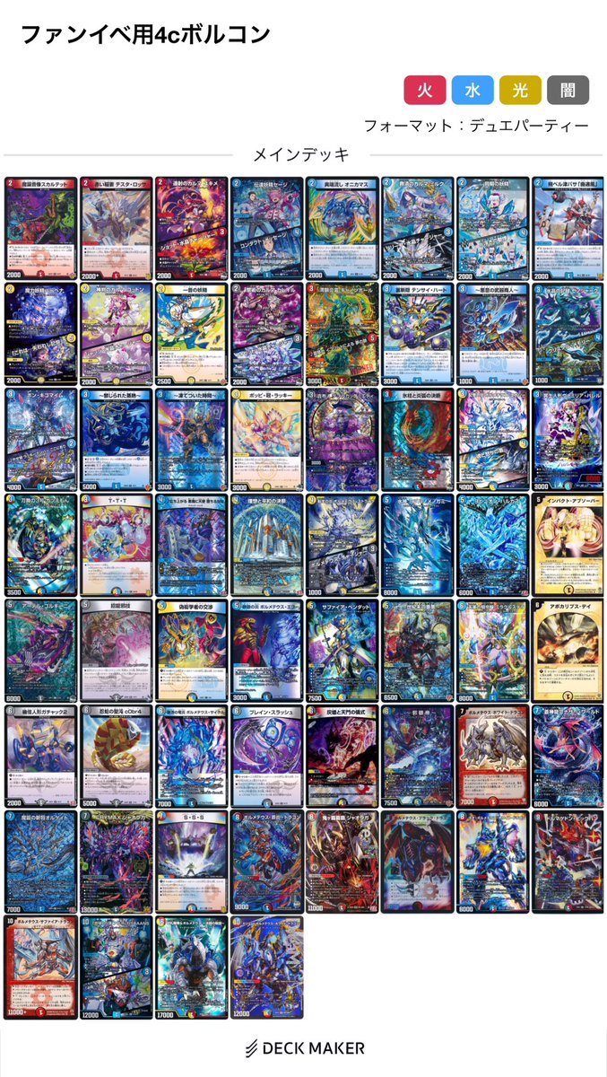 本日は5cドラゴン娘ガチャ＆4cボルコンにて参戦してきました〜
個人的に4ターン目イチバン→母なるパック→ネオボル金ver開封して出せなかったのがめっちゃ残念だった…
ドラゴン娘ガチャの火力調整難しいけど4パック開封出来て満足
ついでに今回使ってた4cボルコンリストも掲載
#北みやぎDM #デュエパ