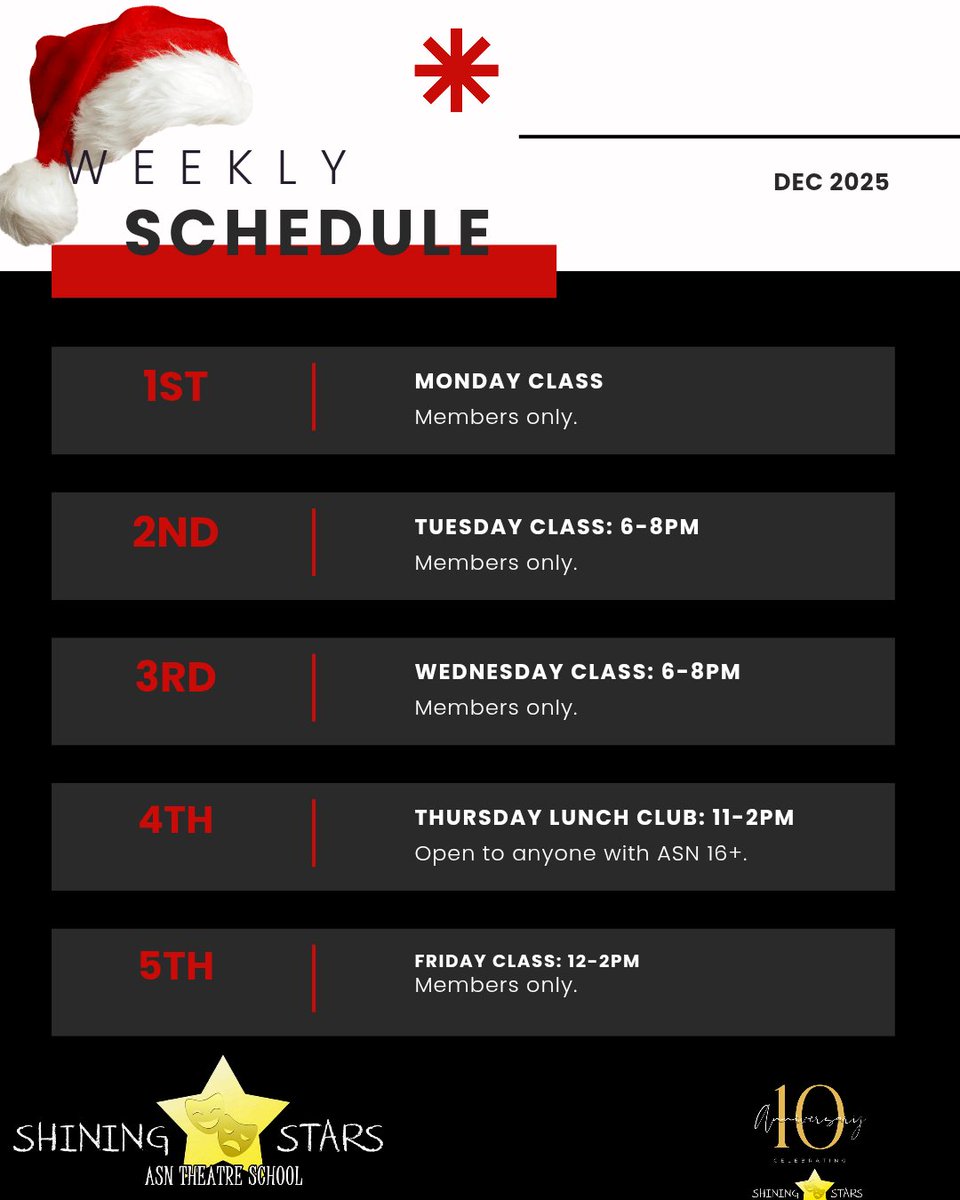 This week's coming schedule at Shining Stars 🌟🎅🏼. 

Christmas attire welcome at all classes for the month of December 😁.

See you all soon.