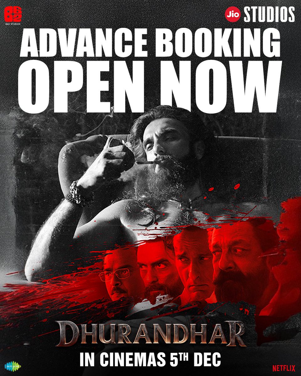 __Ravi_Official's tweet photo. RANVEER SINGH - JIO STUDIOS - ADITYA DHAR: 'DHURANDHAR' ADVANCE BOOKINGS OPEN... Advance booking for #Dhurandhar is now officially OPEN... The #JioStudios × #B62Studios collaboration arrives in cinemas on 5 Dec 2025.

Stars #RanveerSingh, #SanjayDutt, #AkshayeKhanna, #RMadhavan, #ArjunRampal, and #SaraArjun.