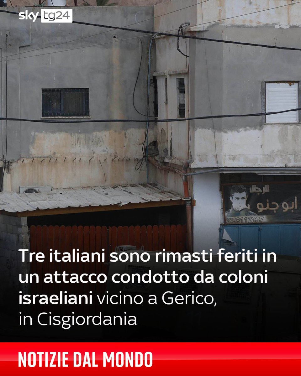SkyTG24's tweet photo. Tre italiani, sono rimasti feriti oggi in un attacco condotto da coloni israeliani nella comunità di Ein al-Duyuk, vicino a #Gerico, in #Cisgiordania. "Sono feriti ma non sono gravi, stanno rientrando a Ramallah e quindi dovrebbero essere raggiungibili nel pomeriggio", ha detto il ministro degli Esteri Antonio Tajani.
Tutti gli aggiornamenti in diretta ➡️ https://t.co/tslzMLfC7o