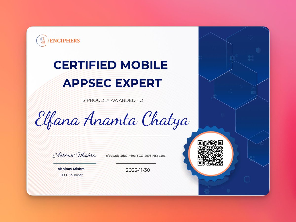 vantag3point's tweet image. Huge congratulations to Elfana Anamta Chatya for earning the CMAE certification!
A massive milestone — and so well deserved. 🚀🔥

You can find your credentials on the achievements page - vantagepoint.enciphers.com/user/achieveme…

#CMAE #Certification #congratulations