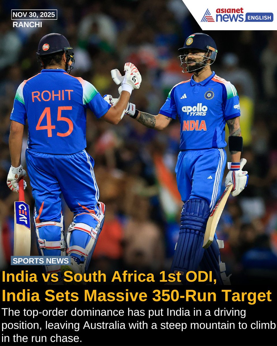 AsianetNewsEN's tweet image. India has posted a commanding total, setting a target of 350 runs for Australia in this high-stakes ODI. The innings was headlined by a spectacular 135 runs from Virat Kohli, who anchored the team with his class and aggression. Captain KL Rahul played a crucial knock of 60,…