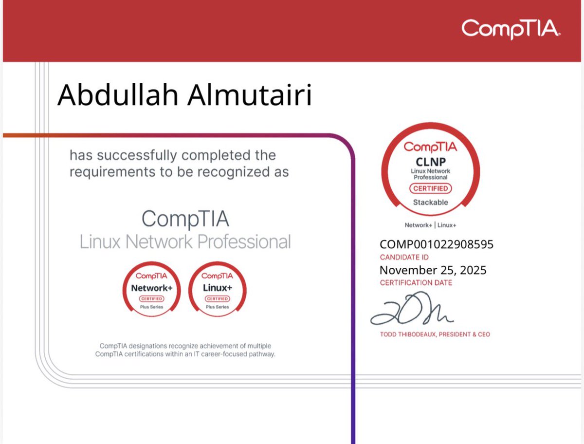 qsaw305's tweet image. Thrilled to be CompTIA Linux+ Certified! 
 This milestone also earns me the CompTIA Linux Network Professional (CLNP) stackable certification! 
 Sincere gratitude to @NCA_KSA &amp;amp; Cyberpro+.
Skills unlocked
🔹 Linux Server Admin
🔹 System Monitoring
🔹 Security Protocols
#LinuxPlus