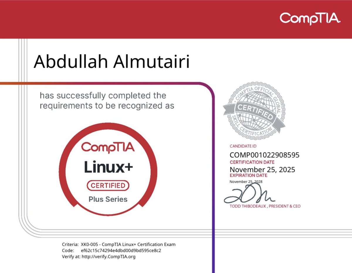 qsaw305's tweet image. Thrilled to be CompTIA Linux+ Certified! 
 This milestone also earns me the CompTIA Linux Network Professional (CLNP) stackable certification! 
 Sincere gratitude to @NCA_KSA &amp;amp; Cyberpro+.
Skills unlocked
🔹 Linux Server Admin
🔹 System Monitoring
🔹 Security Protocols
#LinuxPlus