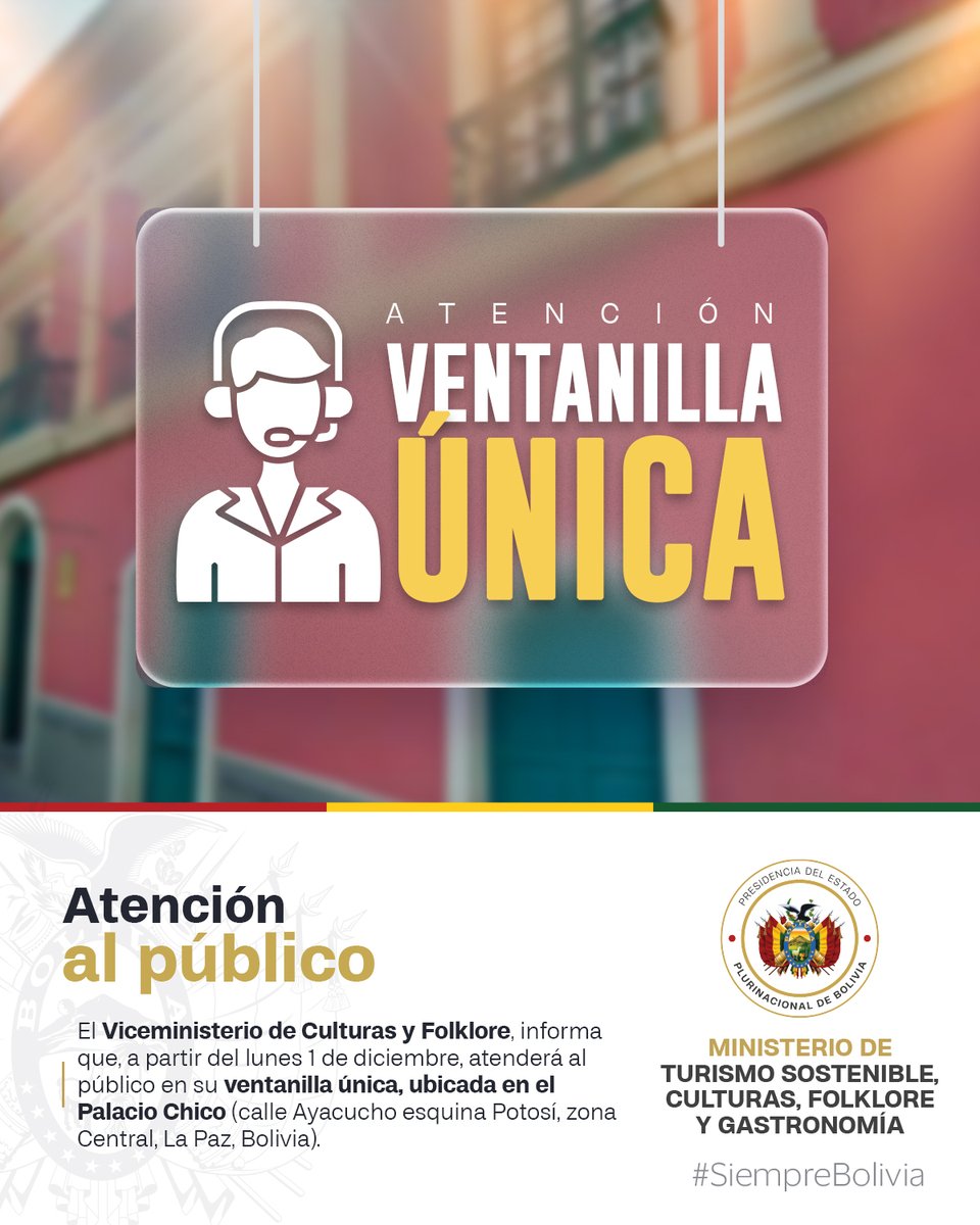 Para mejorar nuestra atención al público, desde este 1 de diciembre habilitaremos la Ventanilla Única del Viceministerio de Culturas y Folklore, en los ambientes del Palacio Chico, el horario de atención será de 8:30 a 16:30.
#SiempreBolivia
#Culturas