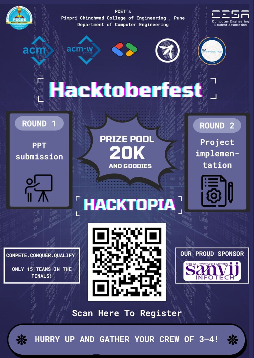 pccoeacm's tweet image. ✨ Greetings from Team CESA-SDW PCCoE ACM Student Chapter! ✨
Get ready to code, create, and conquer at Hacktoberfest – HACKTOPIA! ⚡
Where vision meets opportunity 💡
💻 24-hour Hackathon | Prize Pool: ₹20K + Exciting Goodies! #PCCoEACM