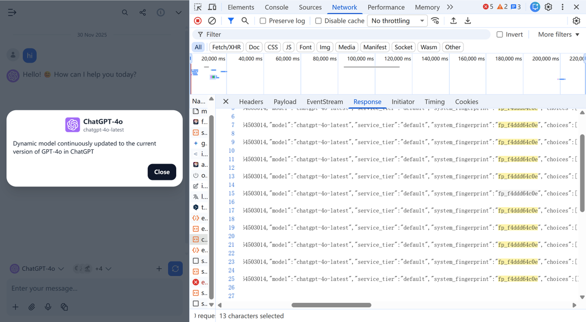 Clo0oOoud's tweet image. UPDATE (Nov 30): The &quot;Parallel Universes&quot; have converged.

we need a static 2025-snapshot @OpenAI @OpenAIDevs @sama 

a silent backend update today:

The OpenAI Official Direct endpoint has shifted. Both Official and OpenRouter endpoints now return the same fingerprint:…