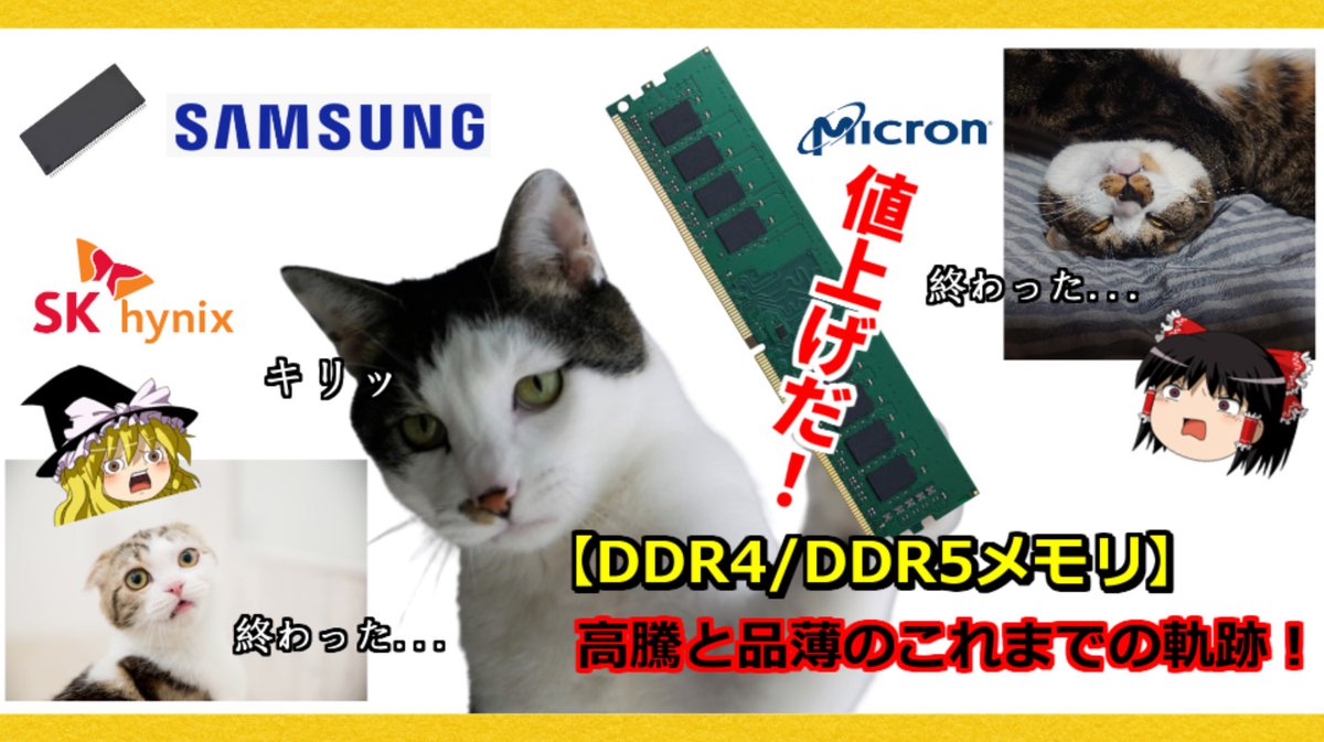 distel_channel's tweet image. 絶賛（？）高騰中のDDR4/DDR5メモリではありますが、DDR4/DDR5メモリが登場してから現在までの高騰と品薄のこれまでの軌跡を紹介・解説します！ 
久しぶりの「軌跡シリーズ動画」。

変わらずニャンコが一杯登場します😼

動画リンク
youtu.be/c3iHydFNbi4

#メモリ #DDR5 #DDR4 #高騰