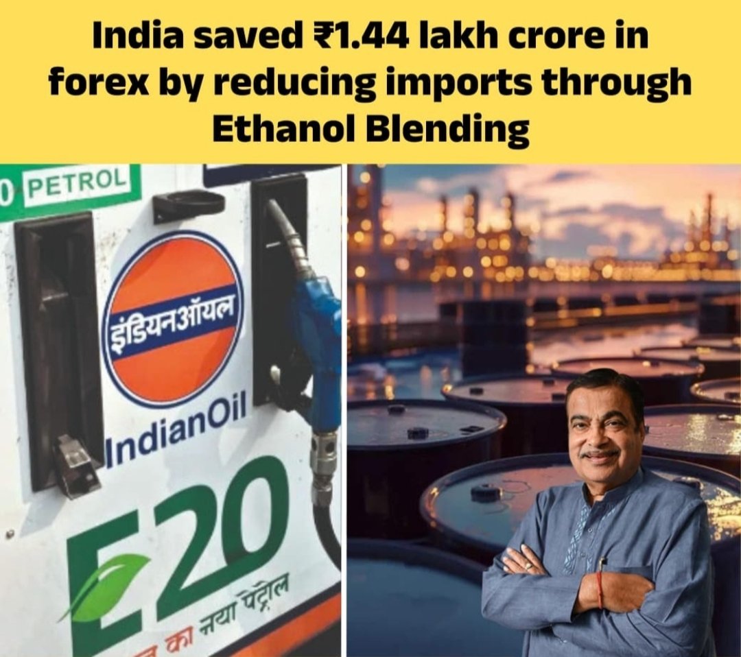 MeghUpdates's tweet image. India’s ethanol-blending push has saved ₹1.44 lakh crore in forex, while giving sugar mills a steady new revenue stream that helps them clear farmer dues on time. A major boost to the sugar economy and cane growers—reflecting @nitin_gadkari’s long-term vision.